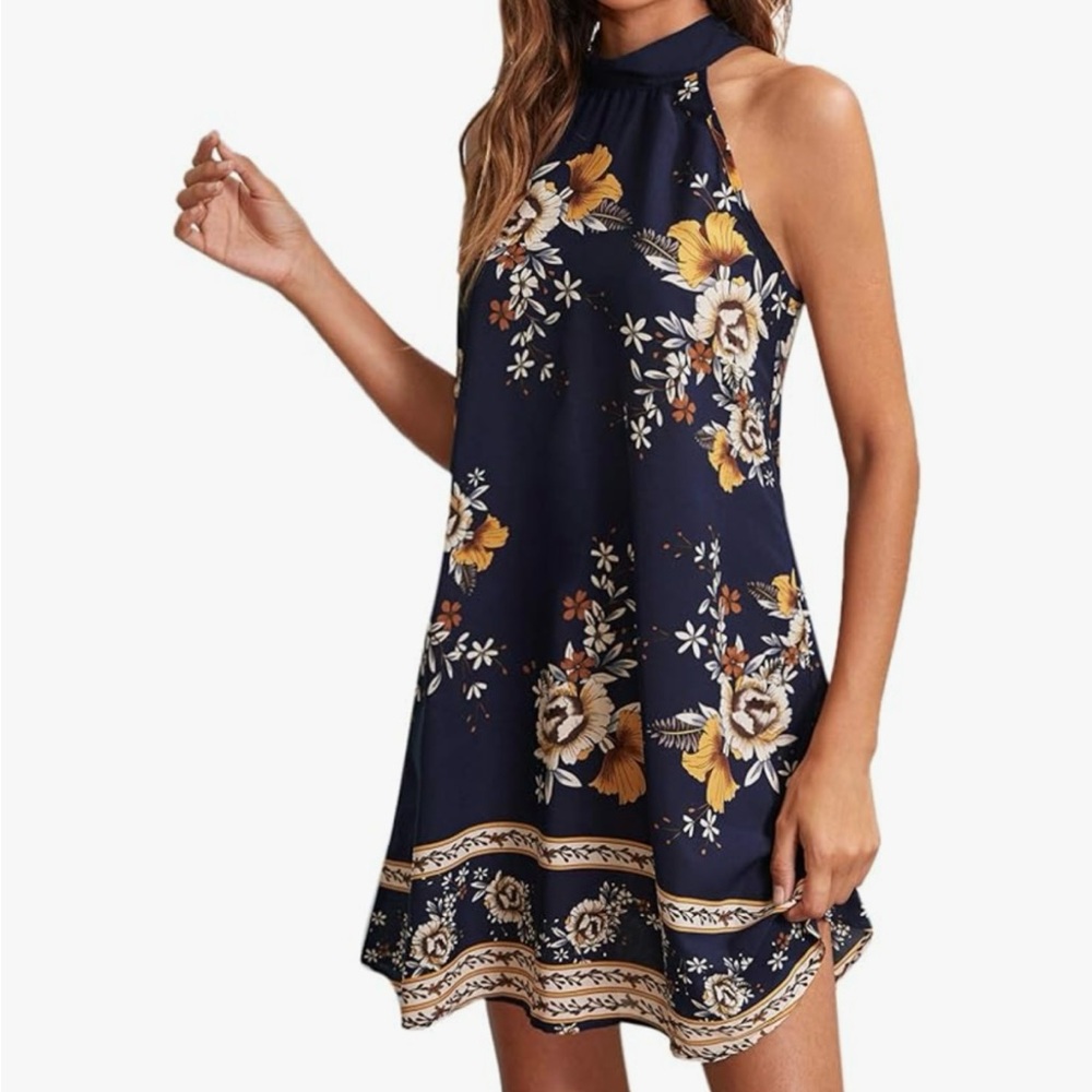 Floral Halter Neck Dress - Navy and Orange